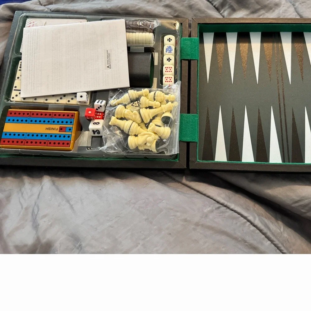 6-in-1 Travel Game Set Chess Backgammon Cribbage Dominoes Checkers Poker Case - Picture 2 of 8